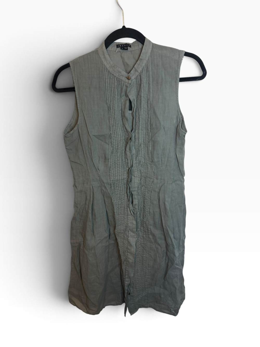 Theory Behira Common Gray Sleeveless Pintuck Ramie Dress